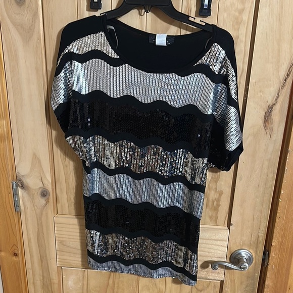 MONAMIE USA Evening Sequence Black and Silver Women's Top - Picture 1 of 5